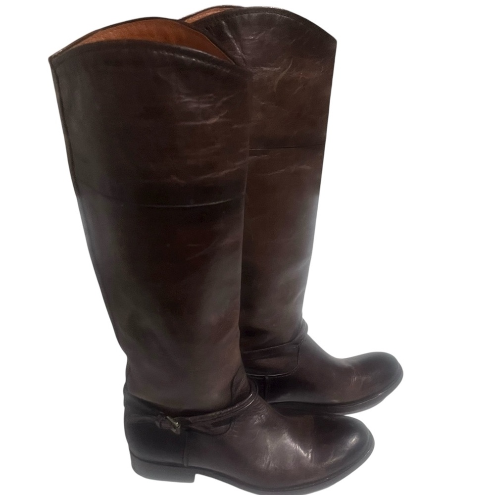 Frye Melissa Belted Leather Riding Boots Slate Brown Tall 3475445